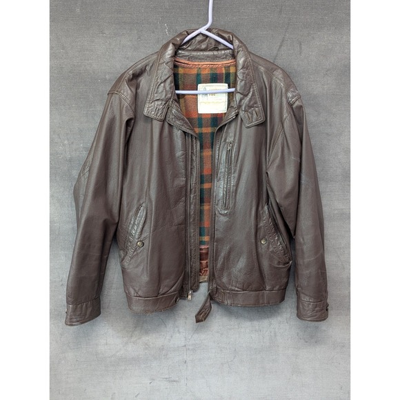 70s London Fog Brown Leather Aviator Bomber Jacket 40R Removable Wool Lined - Picture 1 of 16